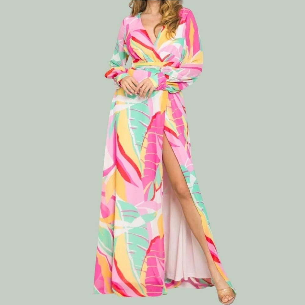 Ricarica Tropical Palm Print Maxi Dress Womens Small Pink Yellow Resort Vacation